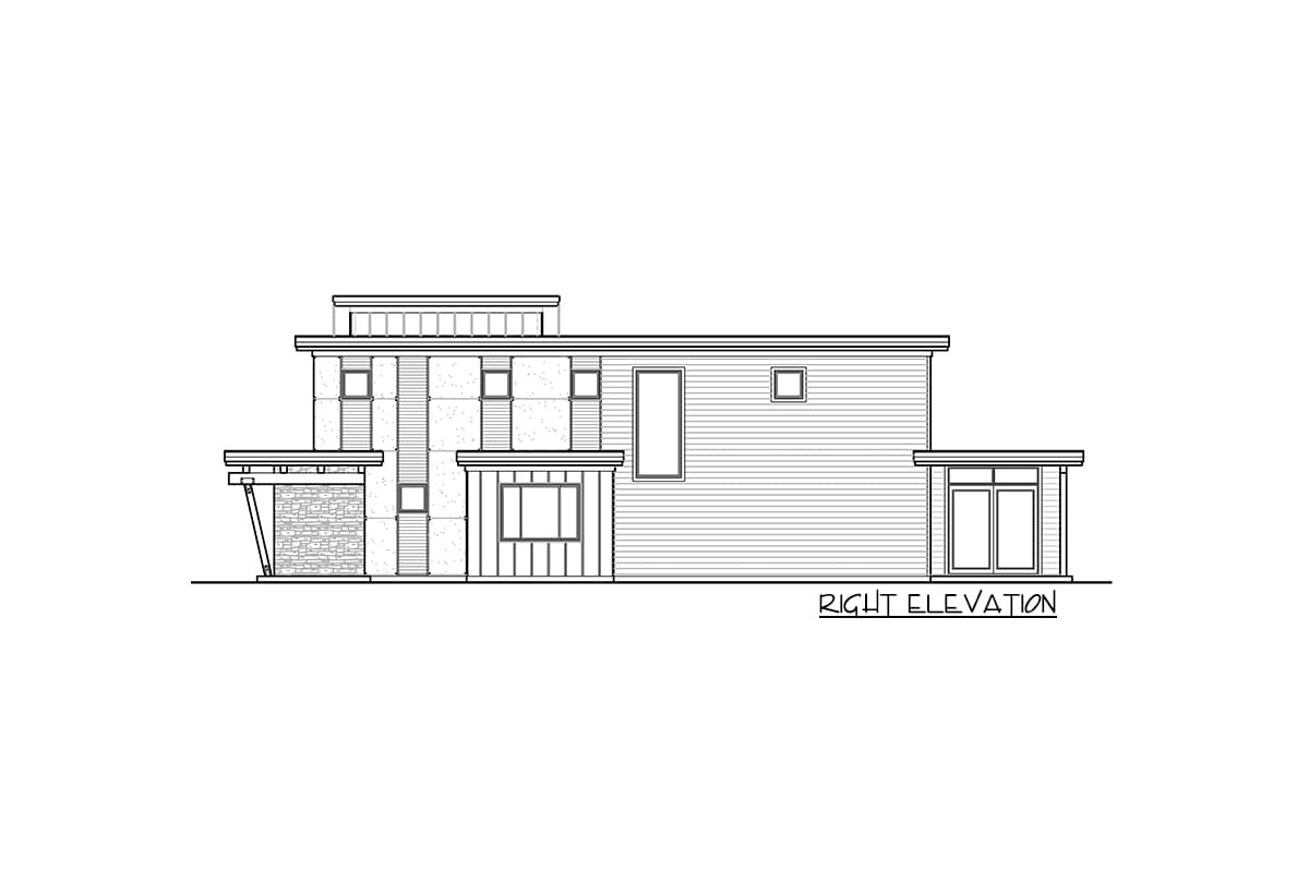 Right elevation drawing of a two-story modern house plan with stone accents and multiple rooflines.