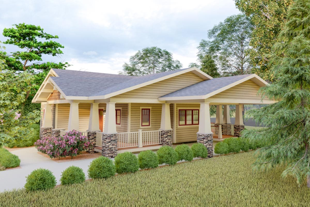 Craftsman style house plan exterior with a large covered front porch, stone accents, and multiple gables.