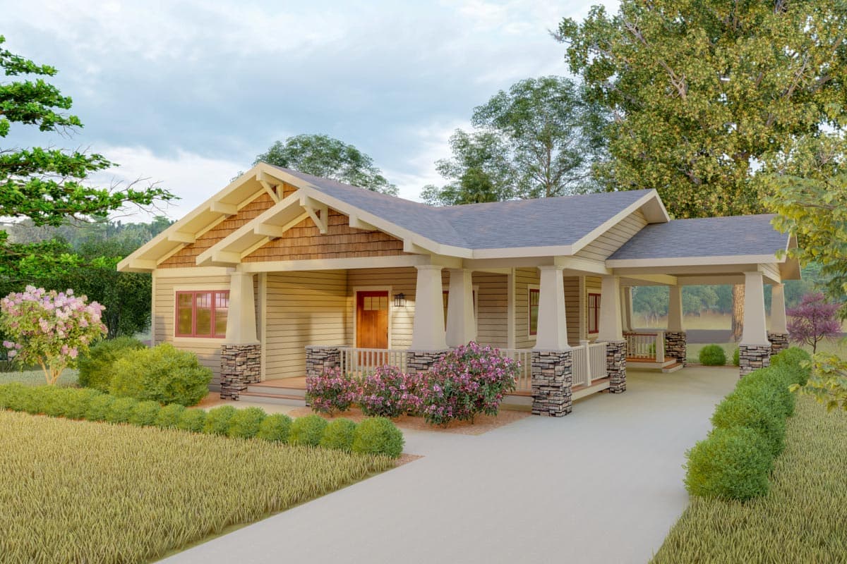 Craftsman style house plan exterior with wide porch, stone accents, prominent gables, and attached carport.