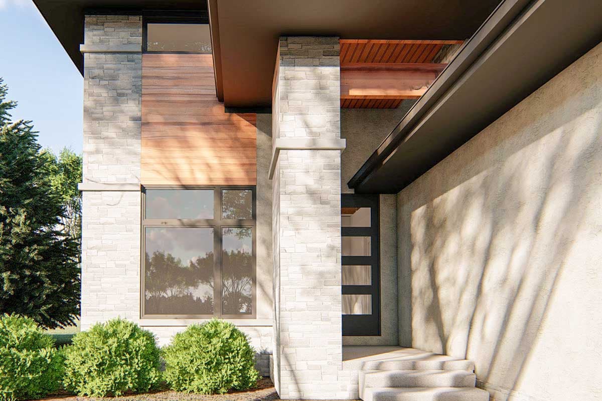 Modern house plan exterior with stone and wood cladding, large window, and glass panel door with steps.