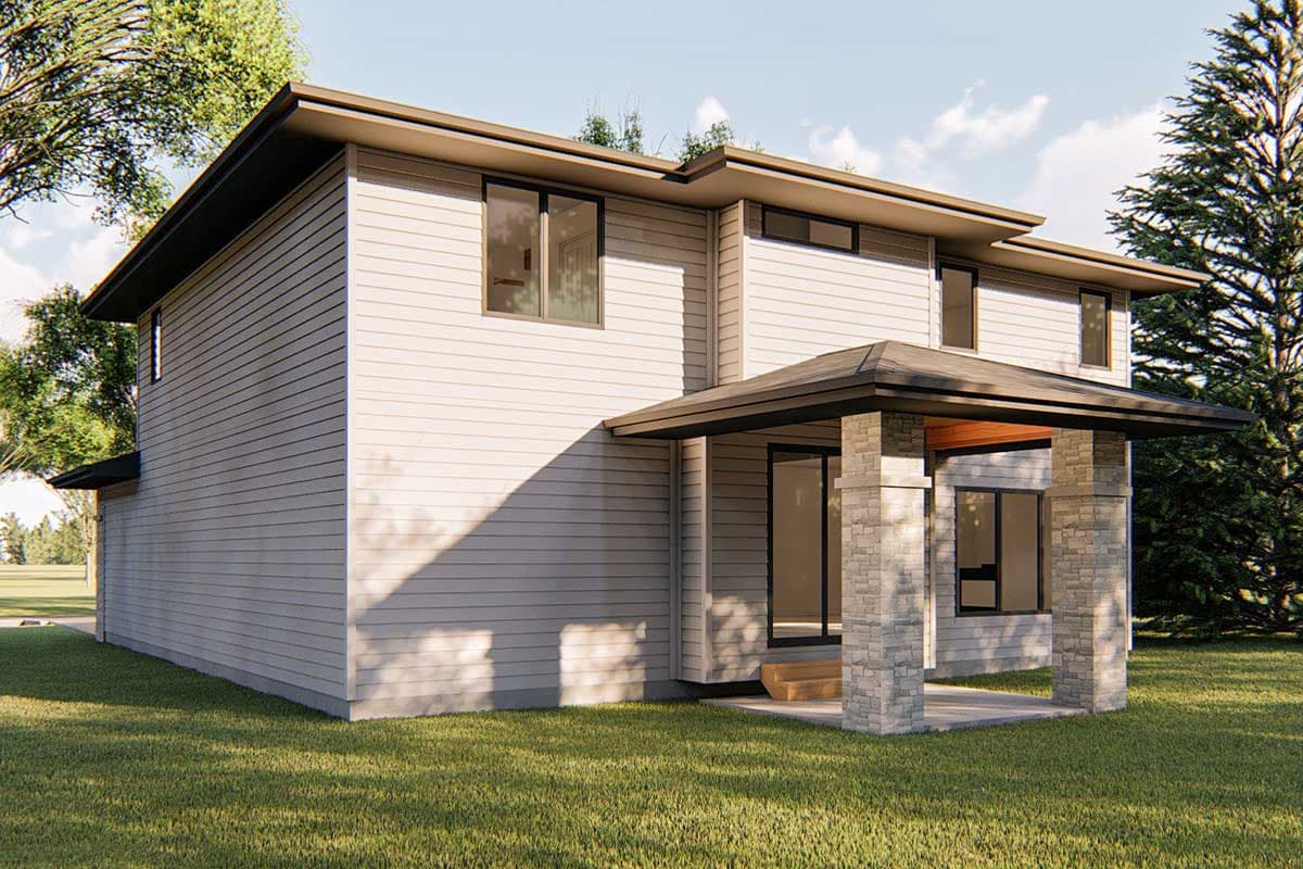 Modern house plan exterior, two stories, horizontal siding, flat rooflines, stone-clad porch with wooden beams.