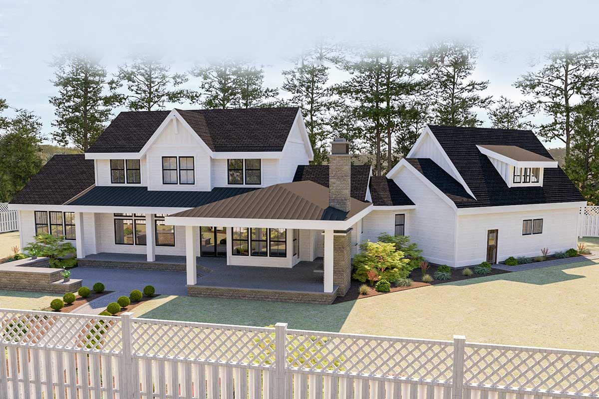 Modern Farmhouse house plan exterior, two stories, board and batten siding, gables, covered porch, and dormer.