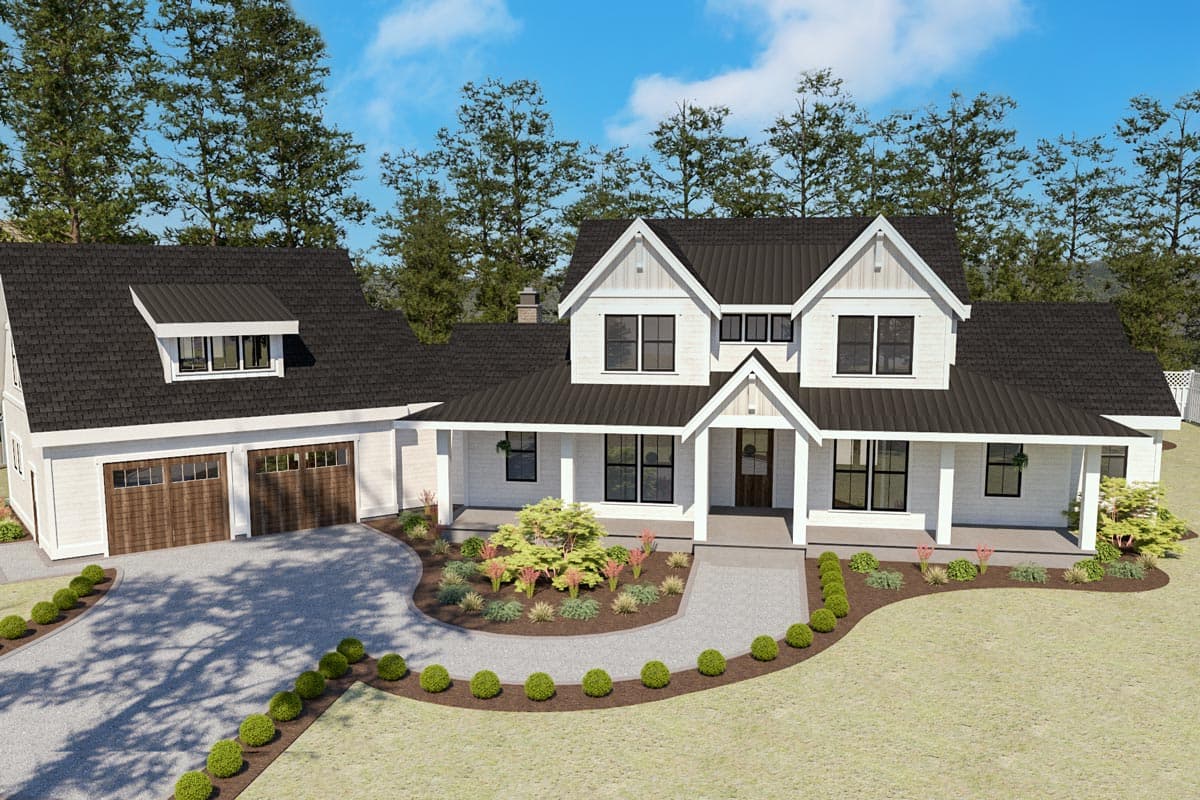 Modern Farmhouse house plan exterior with a wide porch, double garage, multiple gables, and a dormer.