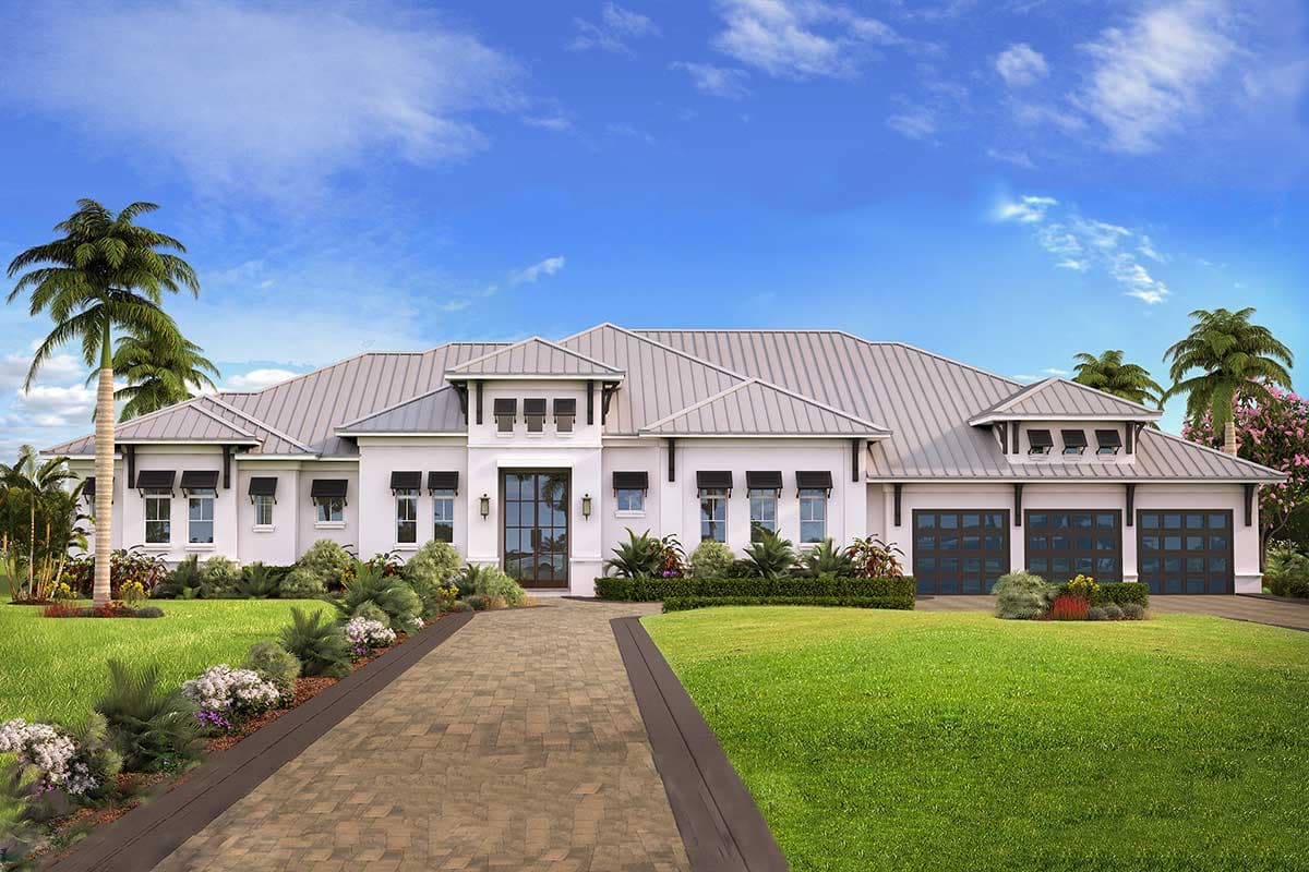 House plan exterior with white stucco facade, metal roof, and attached garage. Features include awnings and a recessed entry.
