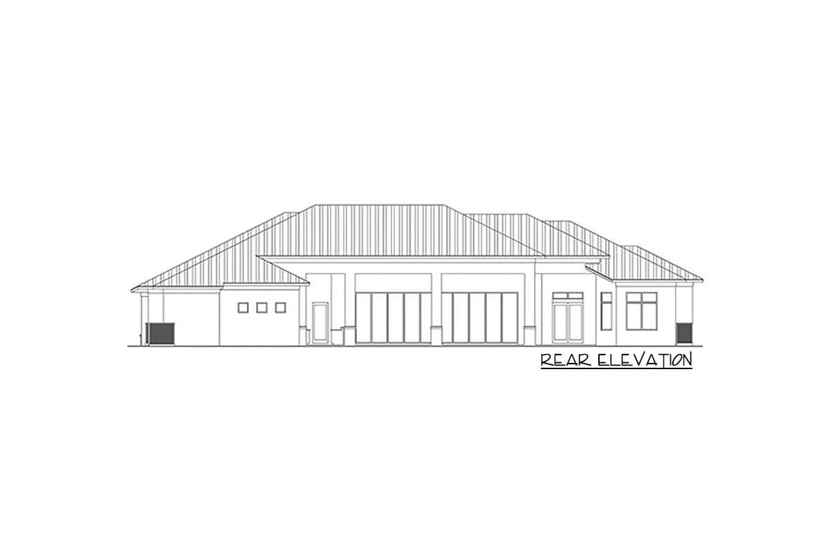 Rear elevation drawing of a single-story house plan with multiple gabled rooflines and large sliding glass doors.