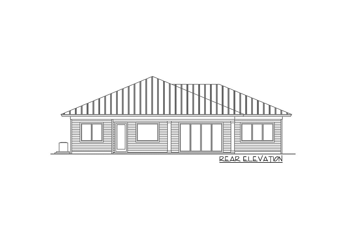 Rear elevation of a single-story house plan with horizontal siding, a prominent gable roof, and large sliding glass doors.