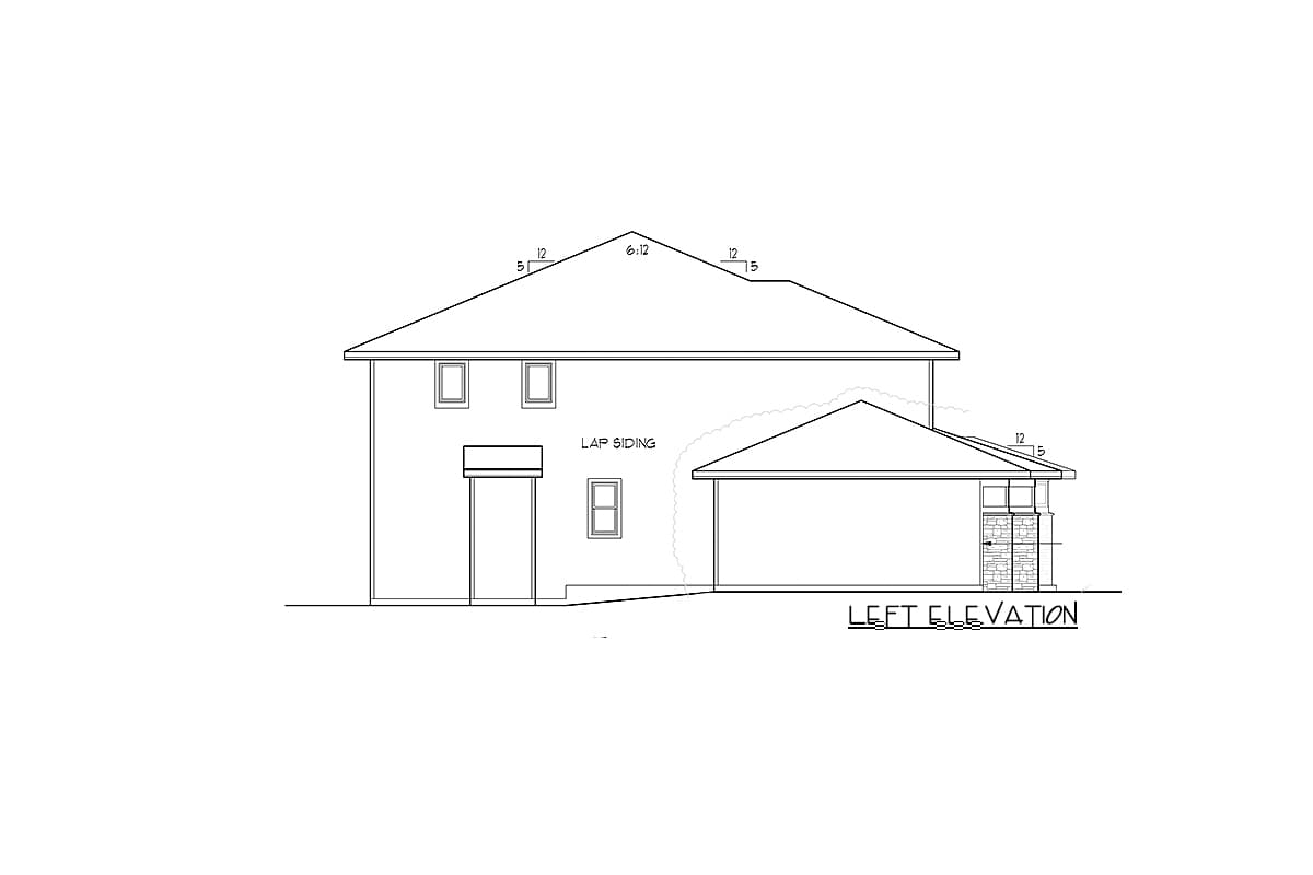 Left elevation drawing of a two-story house with lap siding, two gables, and an attached garage with stone accents.