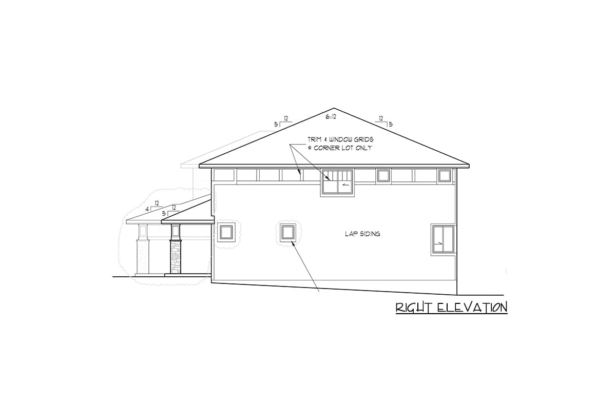 Right elevation drawing of a house plan with lap siding, a covered porch with stone columns, and a hipped roof with dormers.