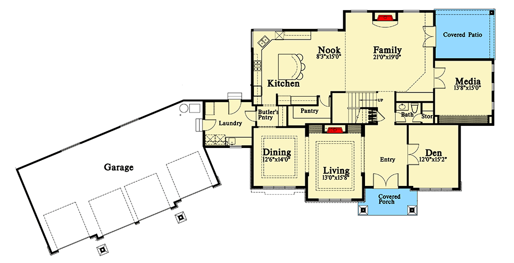 Plan 785009KPH: Craftsman 4-Bed House Plan with 4-Car Garage and Media Room - Floor Plan - Main Level - Craftsman, New American, Northwest, Traditional