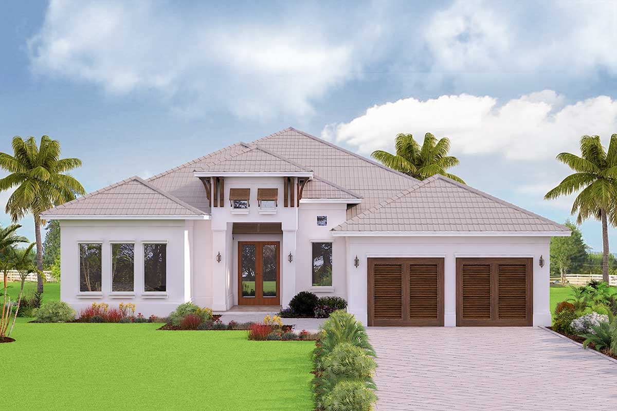 House plan exterior. One-story house with a hip roof and portico over the front entry. Features include three-car garage and decorative shutters.