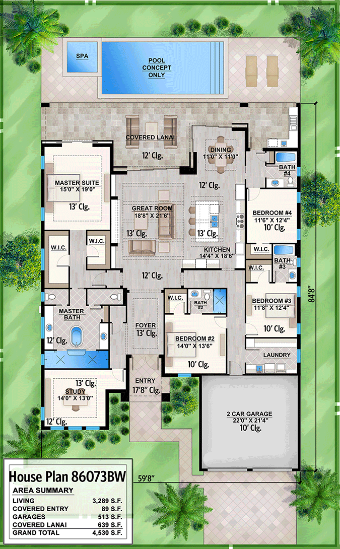 Plan 86073BW: Contemporary 4-Bed House Plan with Study and Covered Lanai - Floor Plan - Main Level - Coastal, Contemporary, Florida-Style, Vacation
