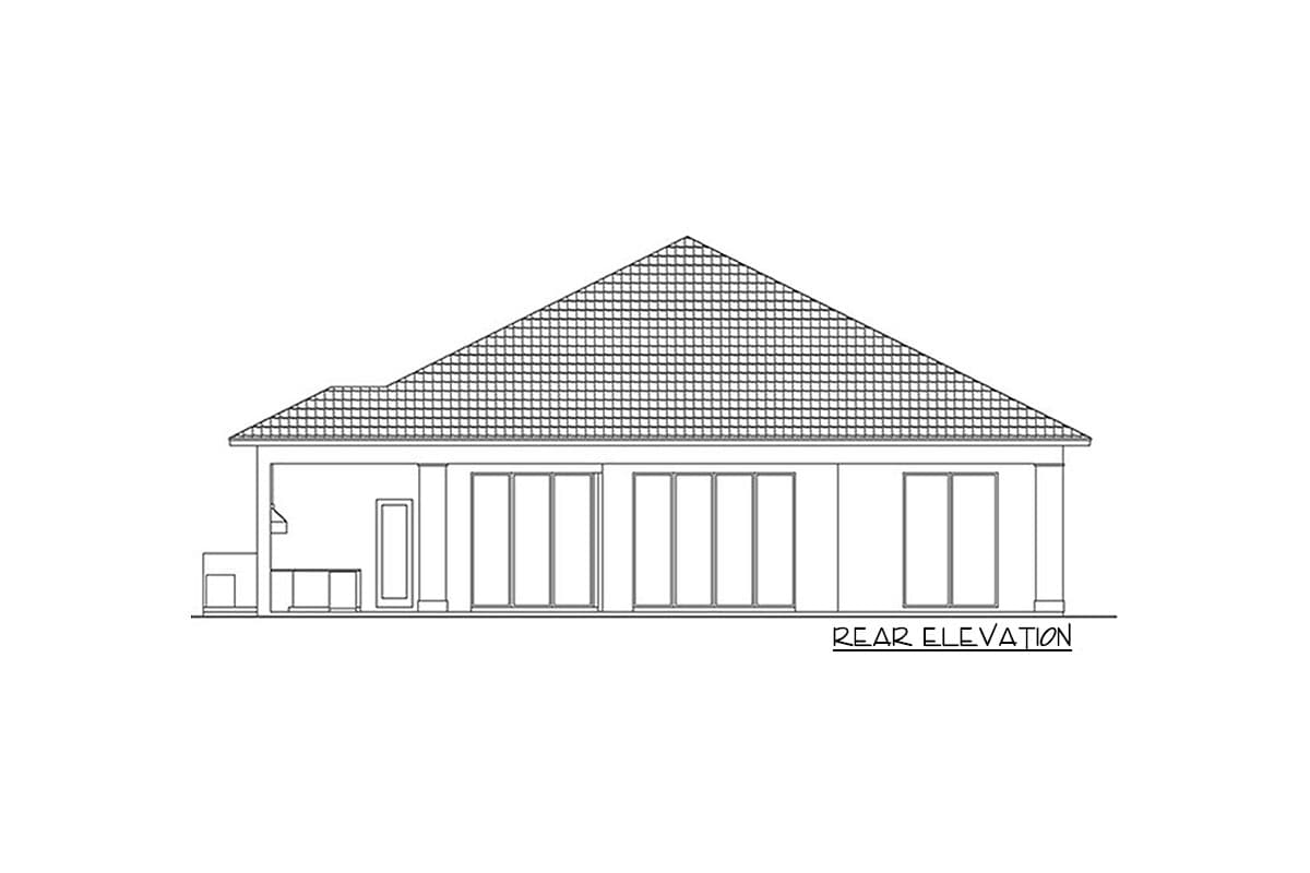 Rear elevation drawing of a single-story house plan with a large hipped roof and multiple sliding glass doors.