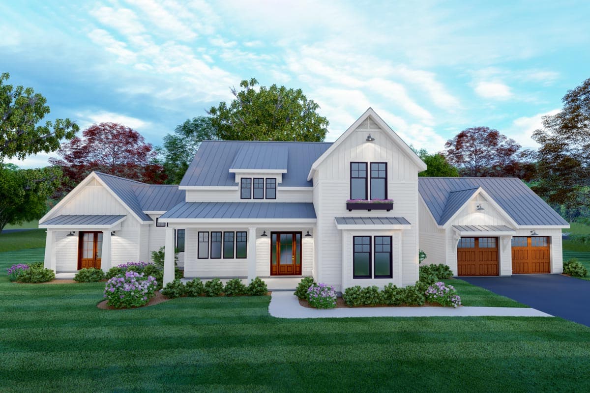 House plan exterior. Modern Farmhouse style with two stories, gabled rooflines, a front porch, and an attached garage.