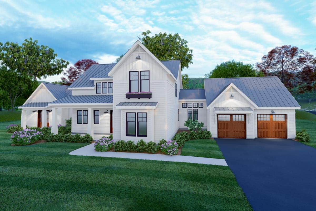 Modern farmhouse house plan exterior with metal roof, multiple gables, covered porch, and attached two-car garage.