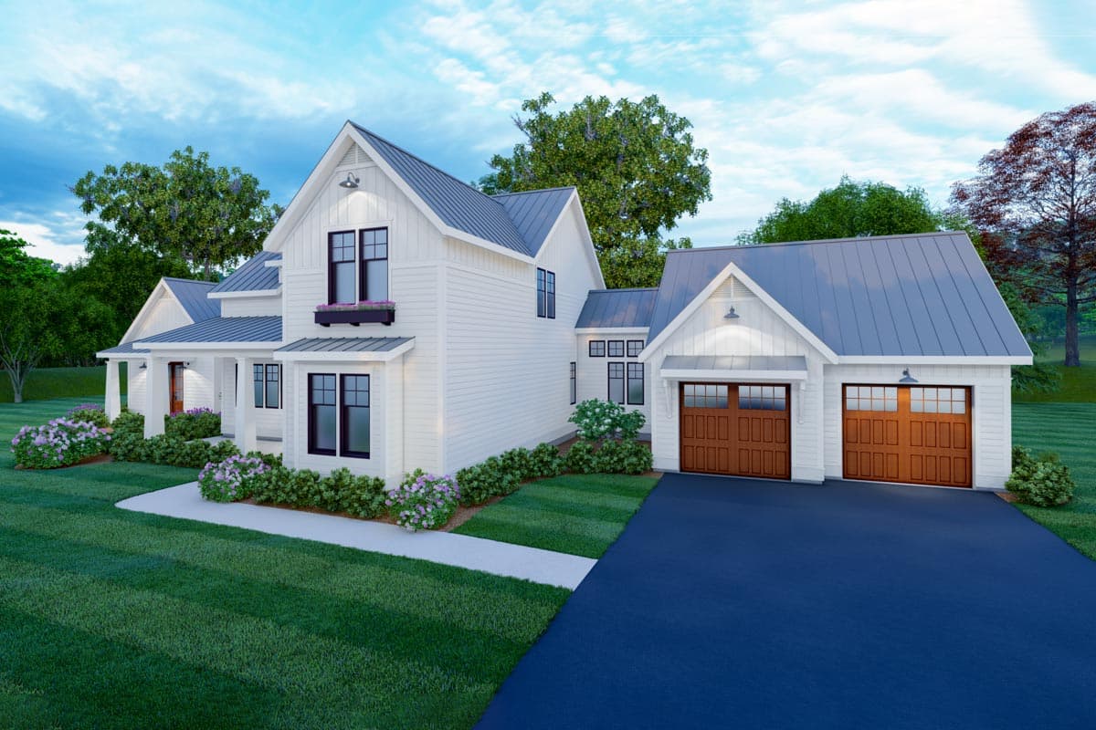 Modern Farmhouse two-story house plan exterior with gabled rooflines, covered entry, and attached two-car garage.
