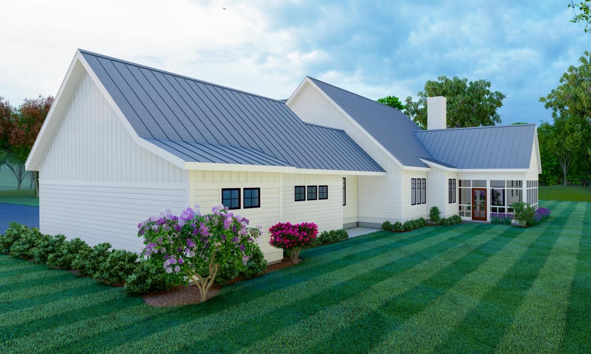House plan exterior: Modern Farmhouse style, one story, white siding, gabled rooflines, and screened porch with French doors.