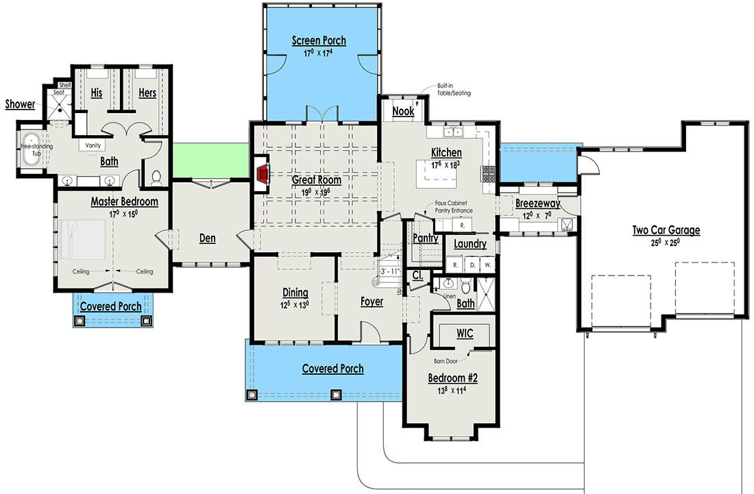 Plan 18301BE: Modern Farmhouse Plan with Private Master Wing - 2542 Sq Ft - Floor Plan - Main Level - Country, Farmhouse, Modern Farmhouse, New American, Traditional