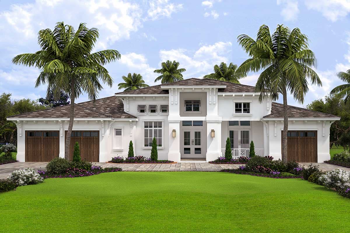 House plan exterior. Two-story Coastal-style home with multiple gables, front entry porch, and attached garage. Brown shingle roof.