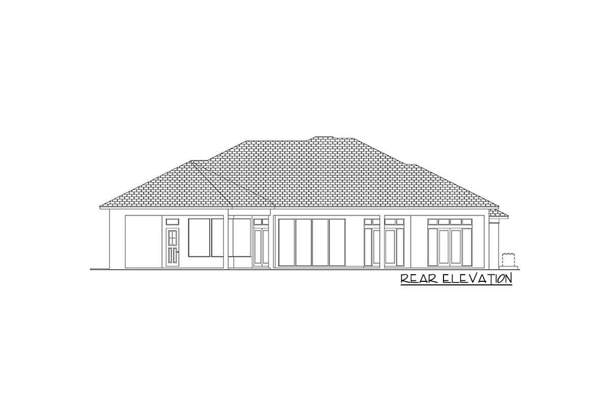 Rear elevation drawing of a single-story house plan with a hip roof, multiple large windows, and French doors.