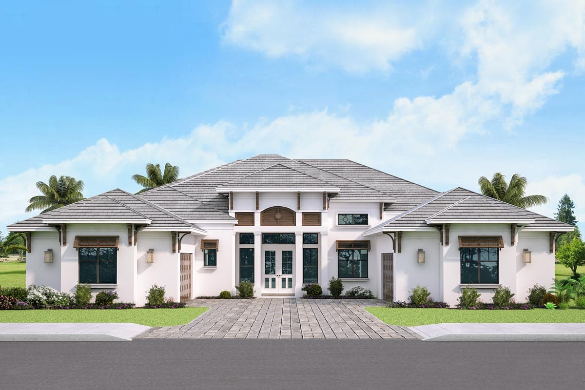 House plan exterior with a single story, light-colored stucco, multiple gabled rooflines, and decorative brackets.