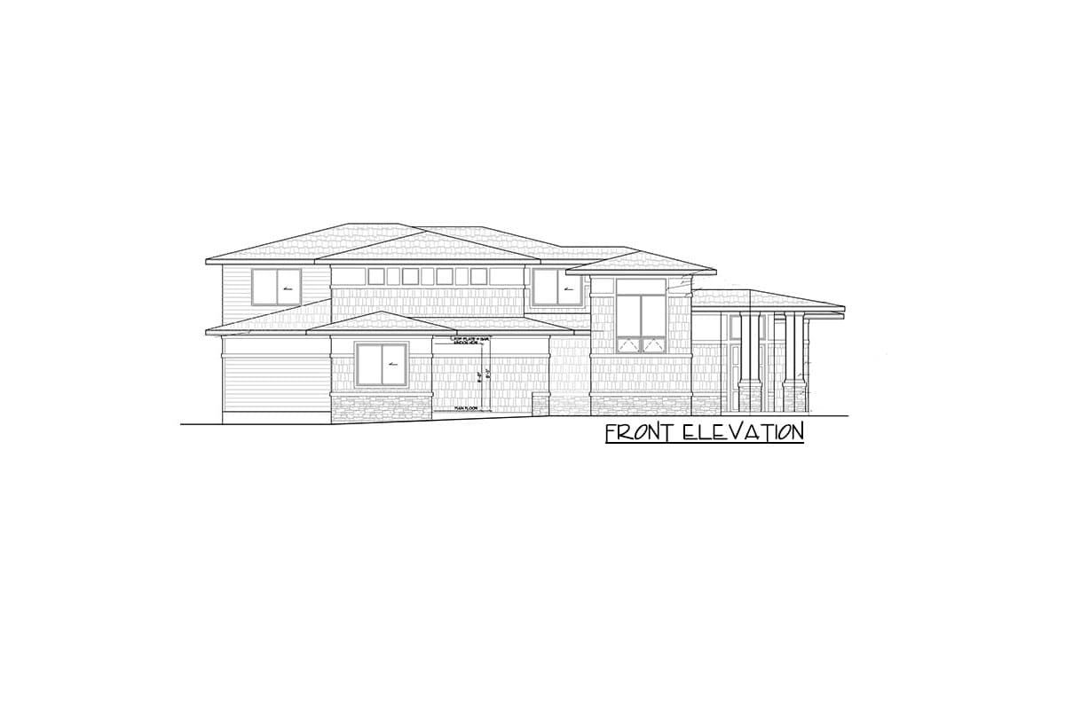 Front elevation drawing of a two-story house with a covered porch supported by columns, multiple gables, and varied siding.