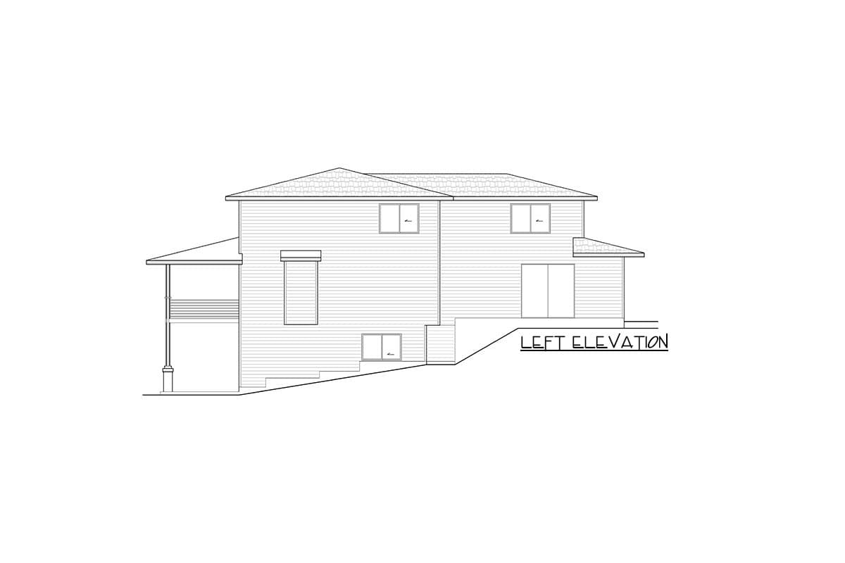 Left elevation drawing of a two-story house plan with a covered porch, varied rooflines, and multiple windows.