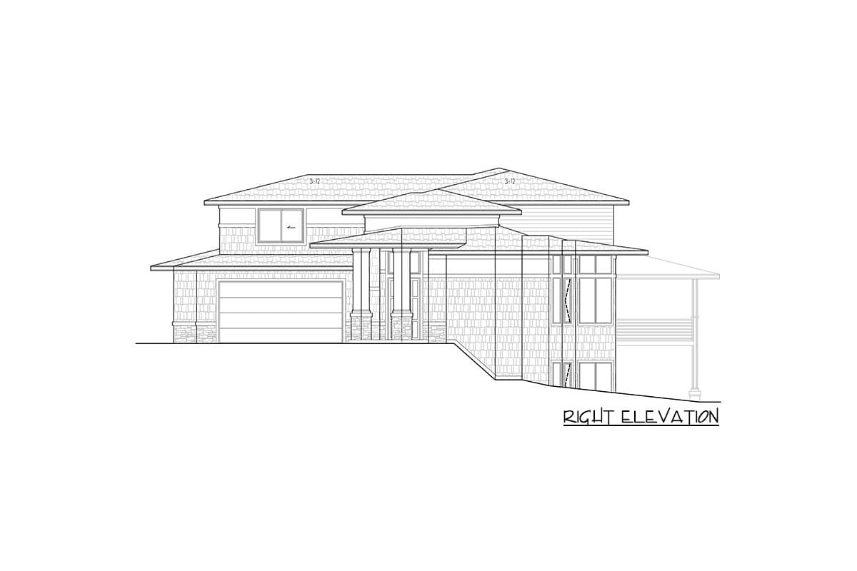 Right elevation drawing of a two-story house plan with a two-car garage, prominent gables, and large windows.