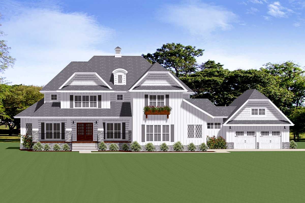 House plan exterior rendering, two-story farmhouse style. Features include a front porch, gables, dormers, and an attached garage with two bays.