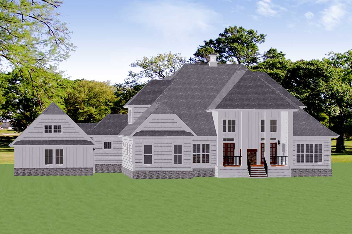 House plan exterior: Modern Farmhouse style with multiple gables, a prominent front porch, board and batten siding, and stone foundation.