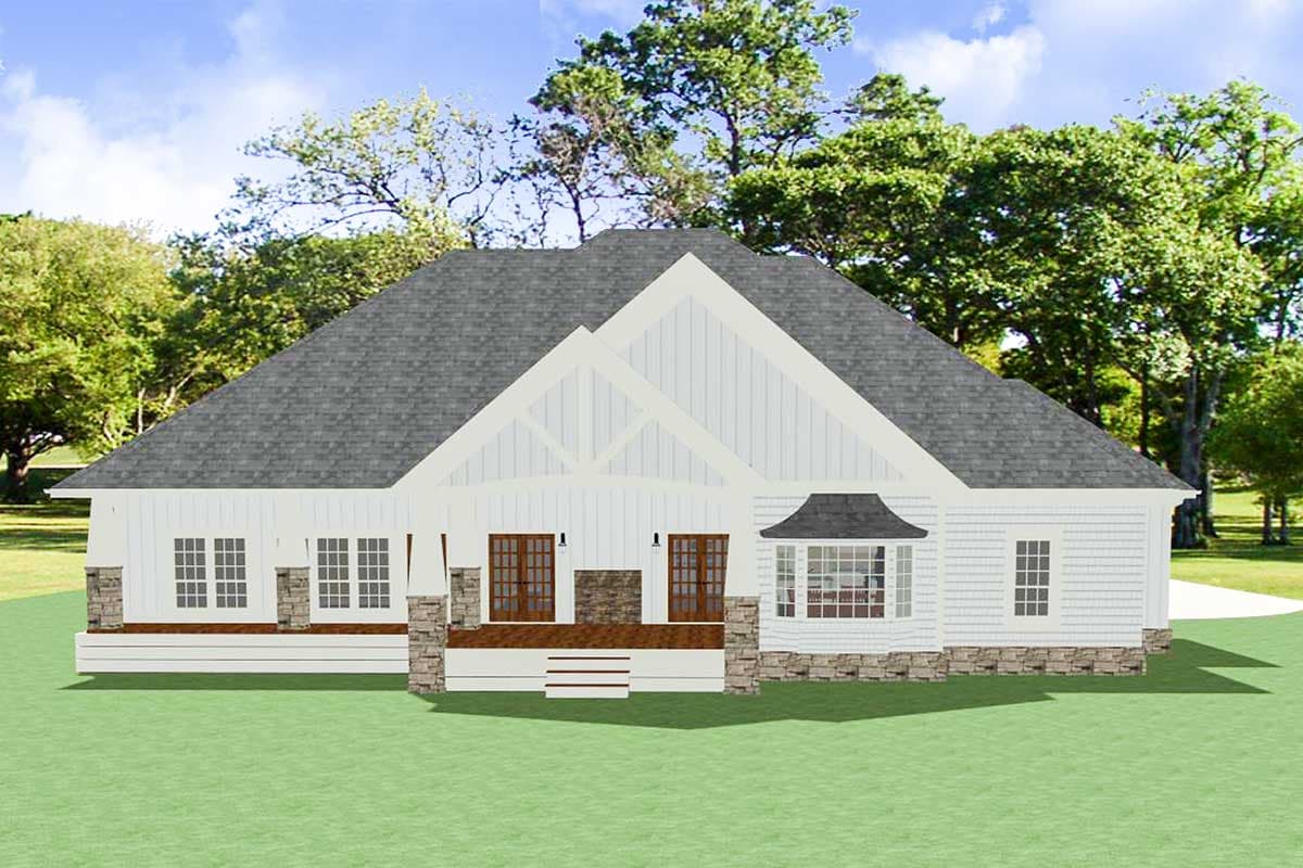 House plan exterior: One-story Modern Farmhouse with covered porch, stone accents, steeply pitched roof, and prominent gable.