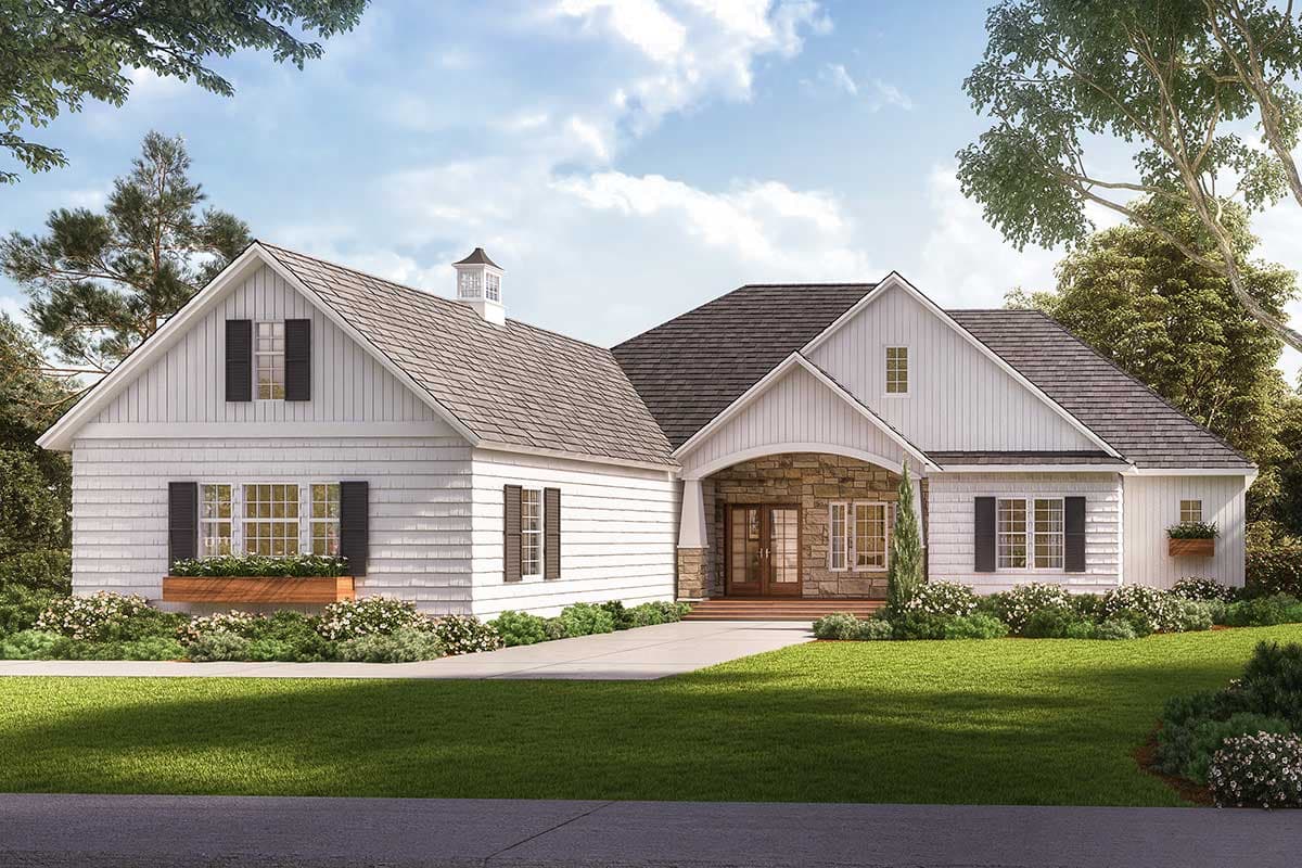 House plan exterior with board and batten siding, multiple gables, stone-clad entry arch, and a cupola. One story, Farmhouse style.