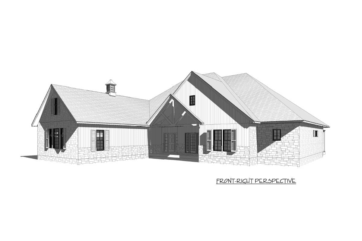 House plan exterior: Ranch style with stone base, gabled rooflines, covered porch with timber accents, and a cupola.