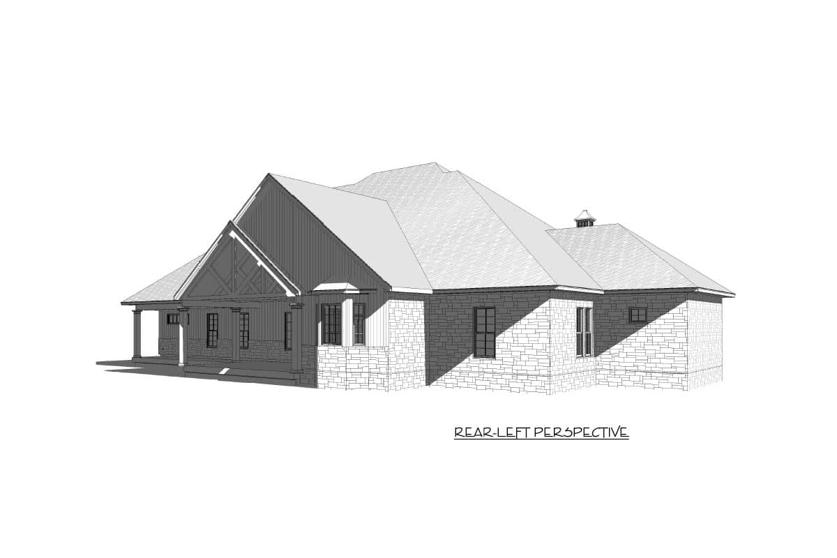 House plan exterior, one-story, with a covered porch, stone facade, and prominent gabled roofline.