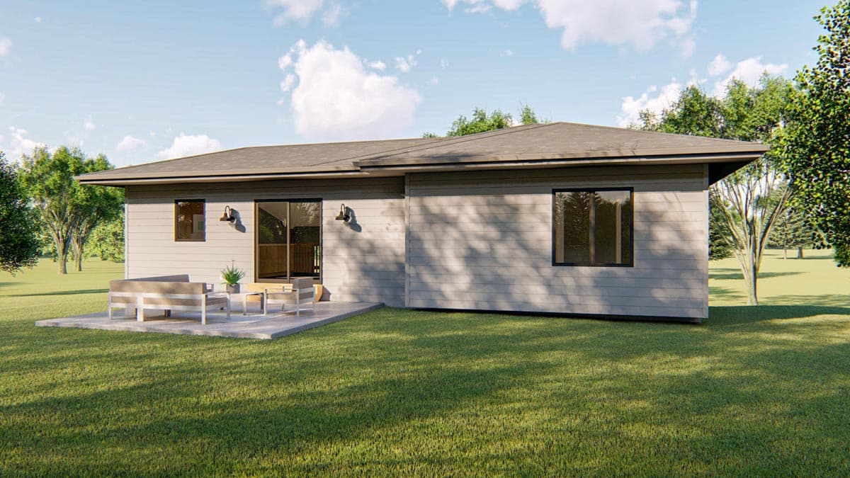 House plan exterior: single-story Modern style home with horizontal siding, large windows, and a patio area.