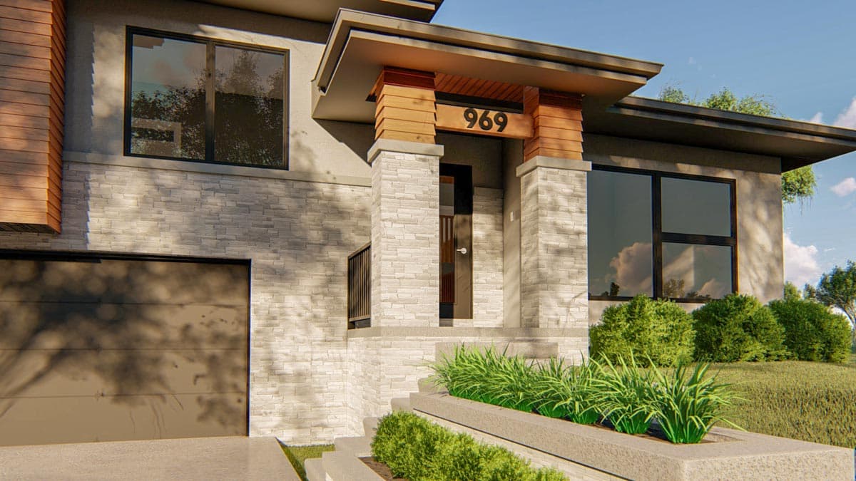 Modern house plan exterior featuring stone facade, wood accents, two-story windows, and a covered entrance with prominent house number 969.