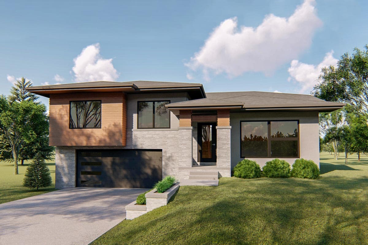 House plan exterior. Modern style, two-story home with flat roof, recessed entry, and attached garage. Stone veneer and wood accents.