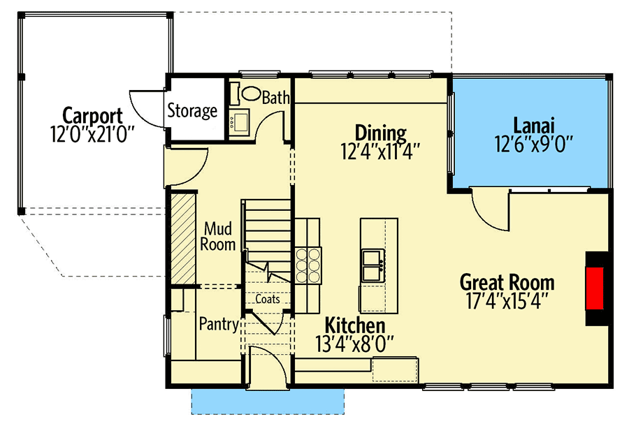 Plan 93105EL: Exclusive 3-Bed House Plan with Game Room and Carport - Floor Plan - Main Level - Contemporary, Northwest, Traditional, Vacation