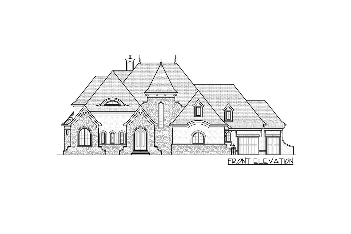 Front elevation drawing of a European-style house plan with stone accents, a prominent turret, and multiple gables.