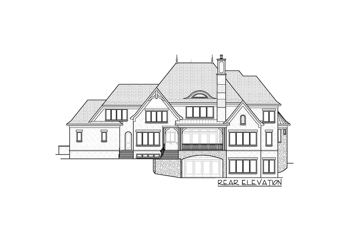 Rear elevation house plan featuring multiple gables, dormers, a covered porch, and a stone-clad base.