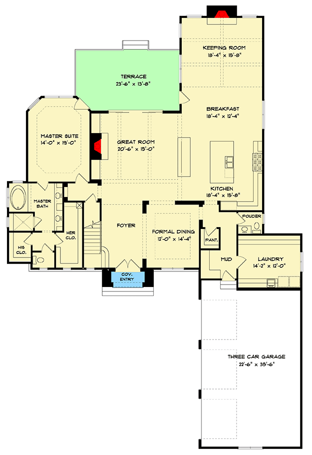 Plan 93110EL: Exclusive 4-Bed Tudor House Plan with 3-Car Garage and Bonus Room - Floor Plan - Main Level - European, French Country, Traditional, Tudor