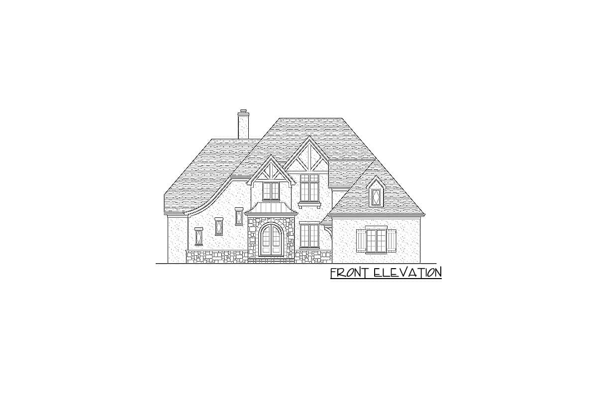 Front elevation drawing of a two-story house plan with arched double doors, stone base, and multiple gables.