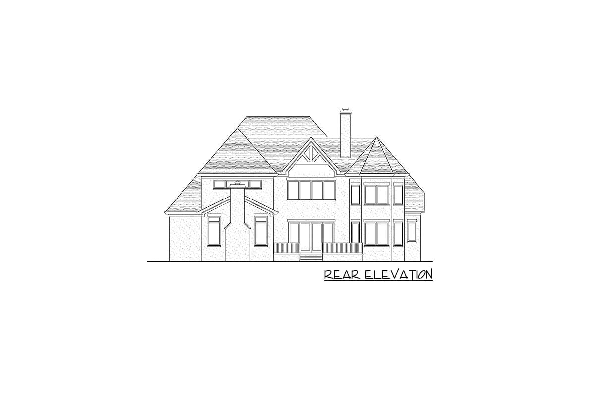 Rear elevation drawing of a two-story house plan with a prominent gable, multiple windows, and a chimney.