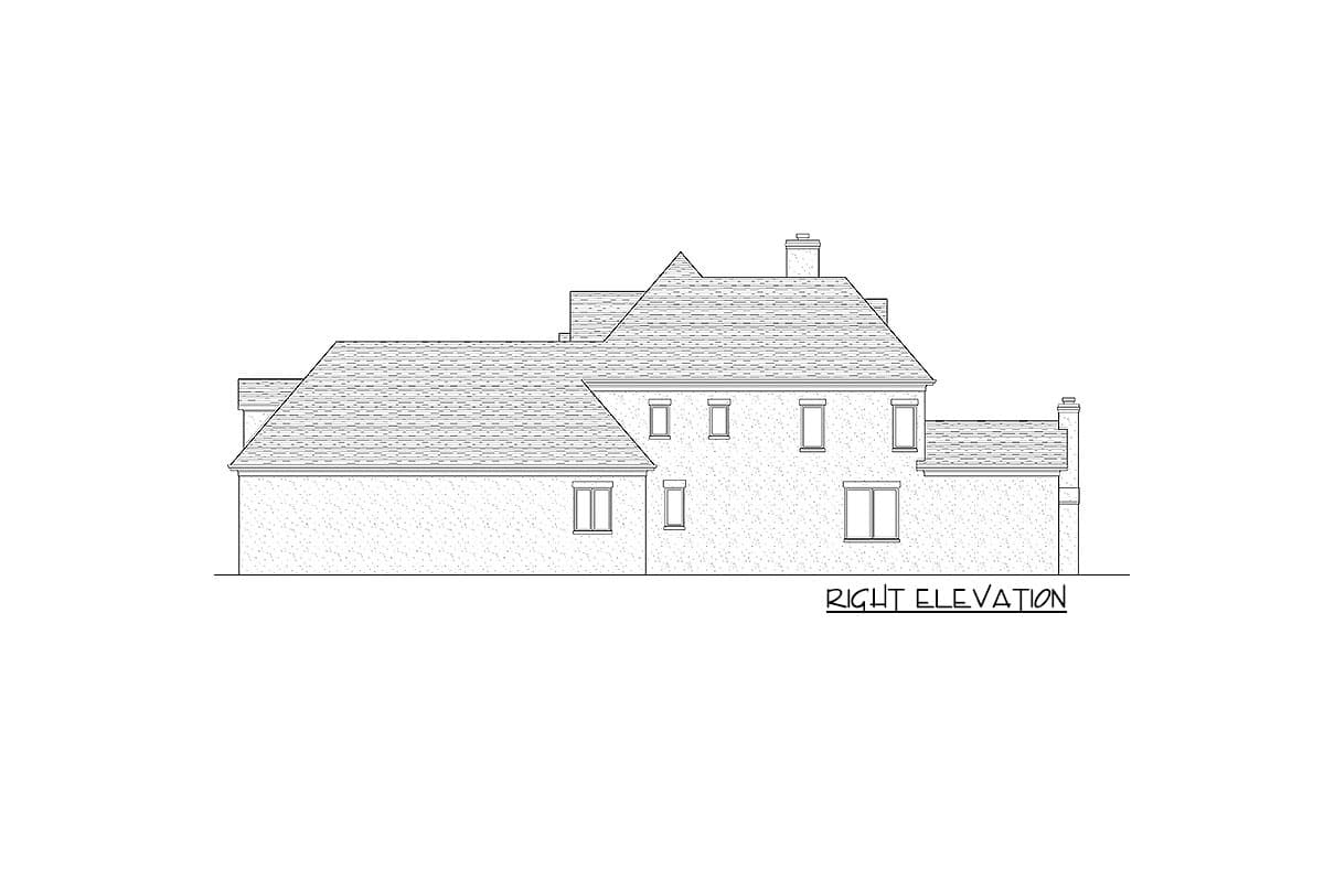 House plan right elevation showing a multi-story building with complex rooflines and multiple windows.