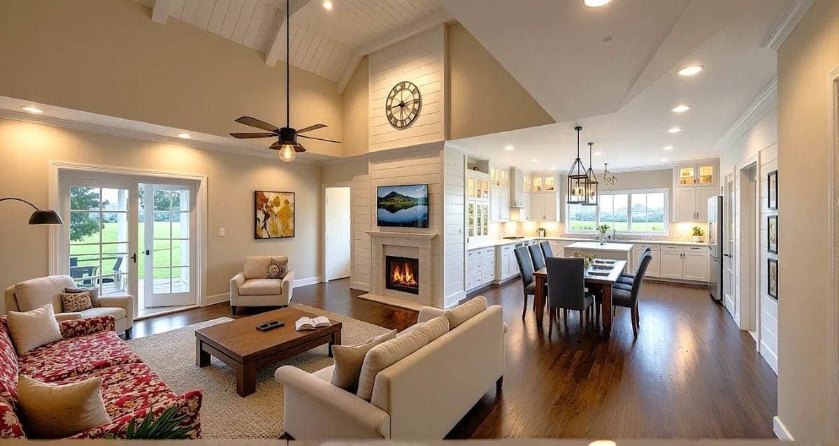 Open concept living area with vaulted ceiling, fireplace, kitchen island, and dining area.