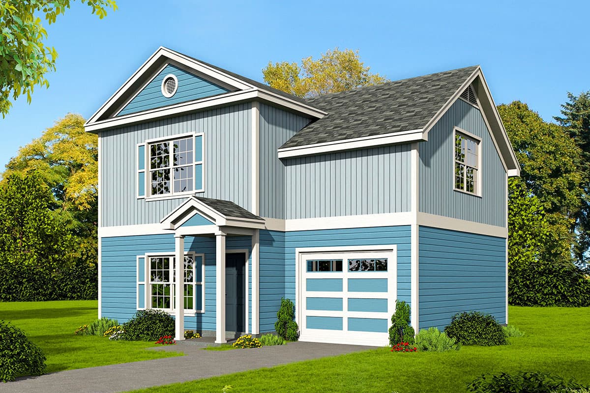 House plan exterior. Two-story home with a gabled roof, a front-entry porch, and a garage. The exterior features vertical siding.