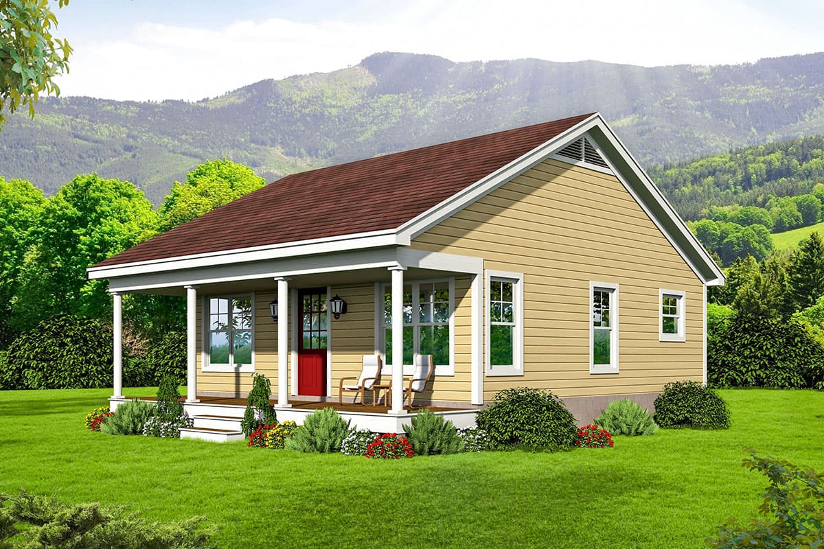 House plan exterior: One-story cottage style. Features include a front porch with columns, a gabled roof, and multiple windows.