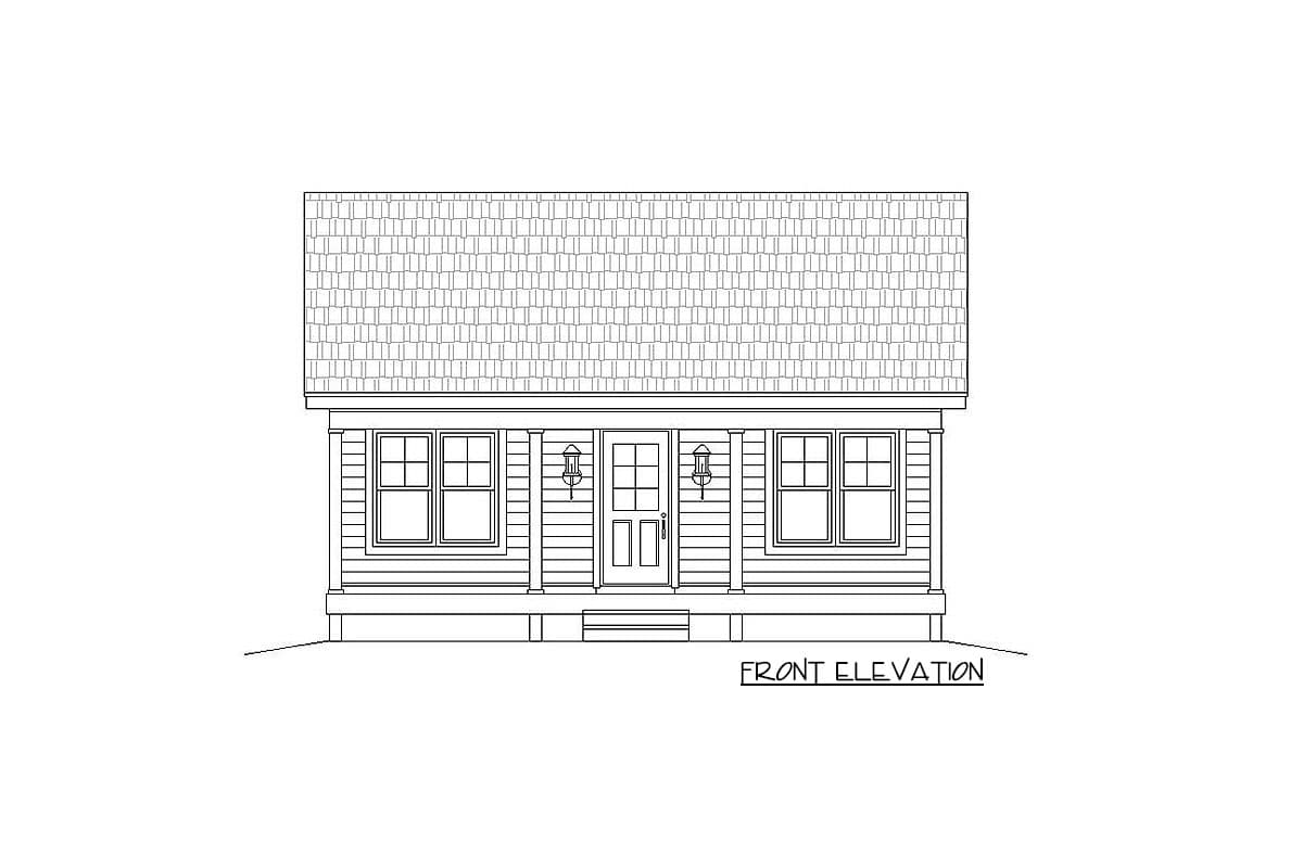 Front elevation drawing of a one-story house with a covered porch, double door, and two windows.