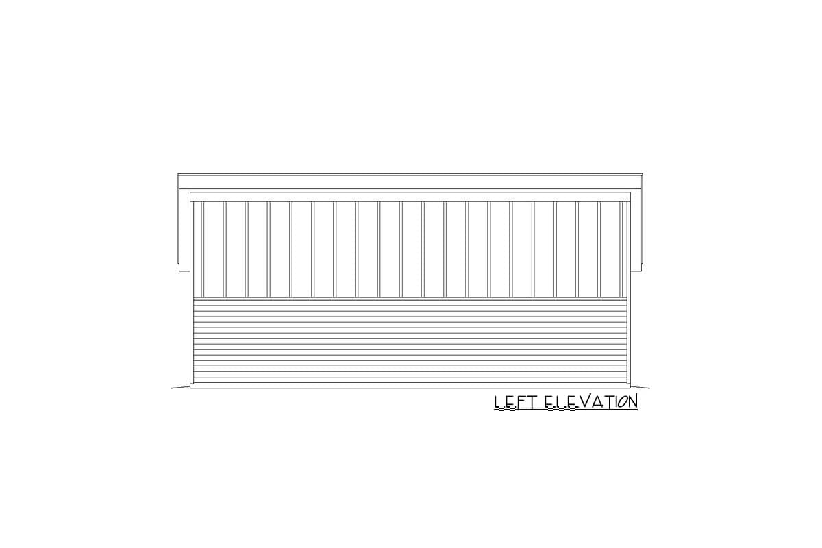 Left elevation drawing of a house plan showing horizontal siding and vertical supports.