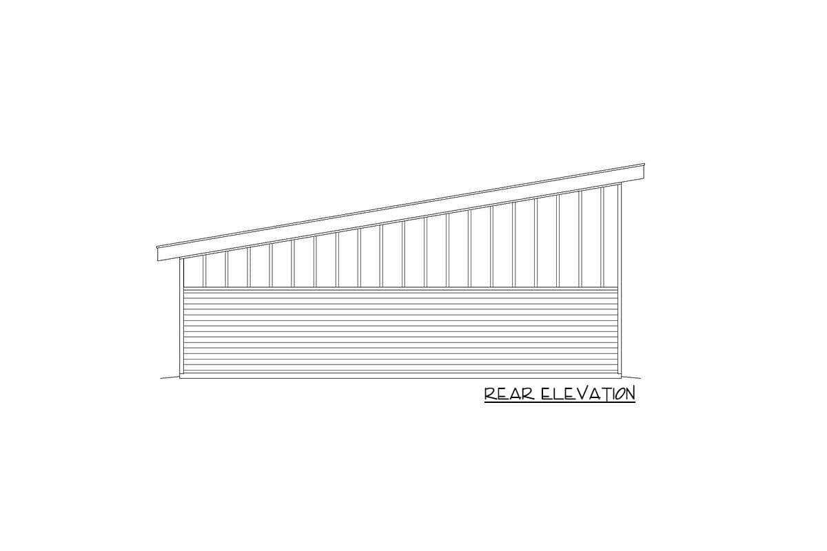 Rear elevation drawing of a one-story structure with a shed roof and horizontal siding.