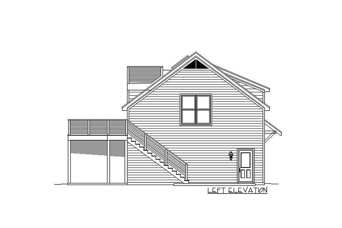 Left elevation house plan with a gable roof, a prominent dormer, and a deck with stairs.